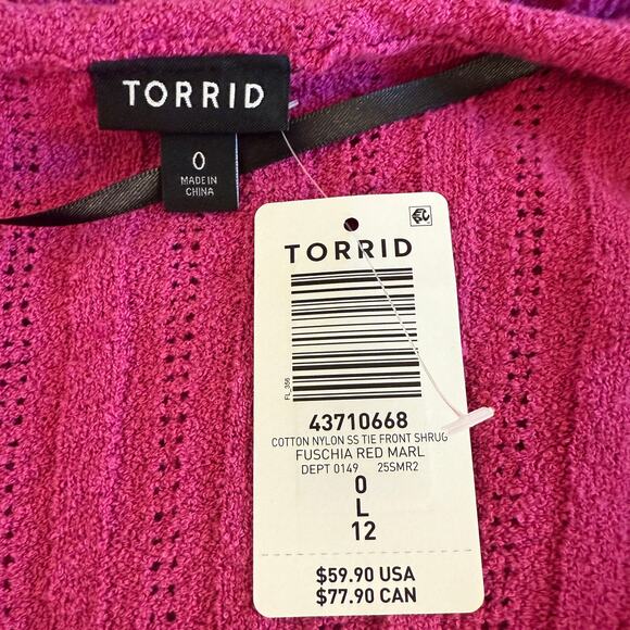 NWT - Torrid Pink Cropped Tie-Front Shrug, Size 0/Large/12 Elbow Sleeve - Picture 5 of 9